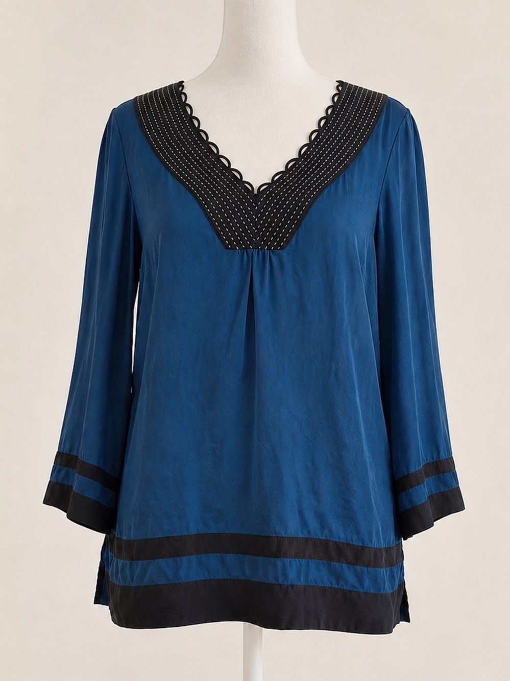 Blue Silk Tunic Top with Black Trim - Size 4